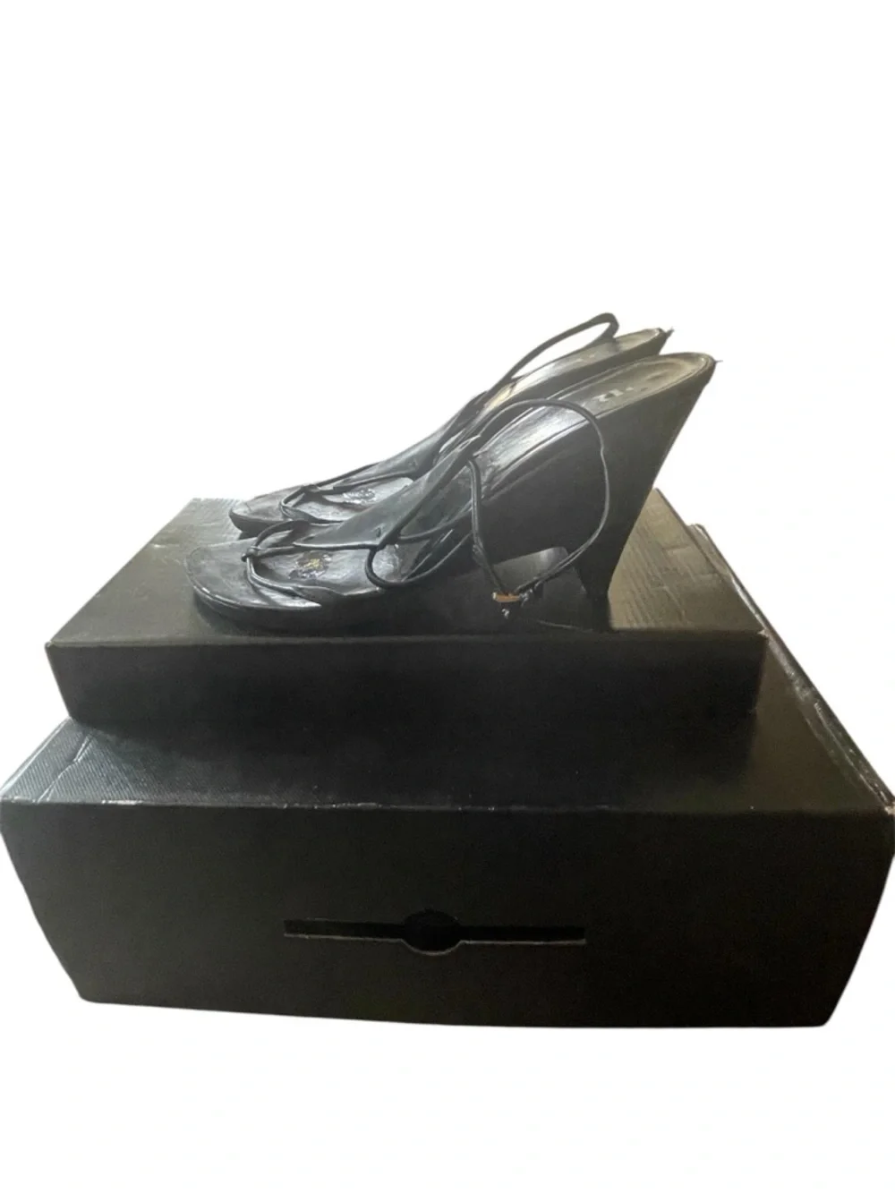 Prada Black Leather Strappy Slide Wedge Heels - Picture 2 of 5